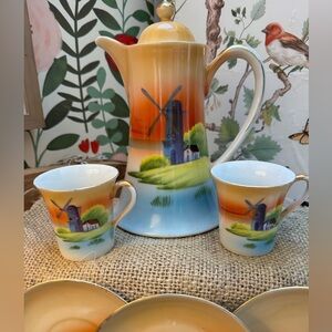 Vintage Japanese porcelain tea Chikaramachi windmill sunset landscape 13pc